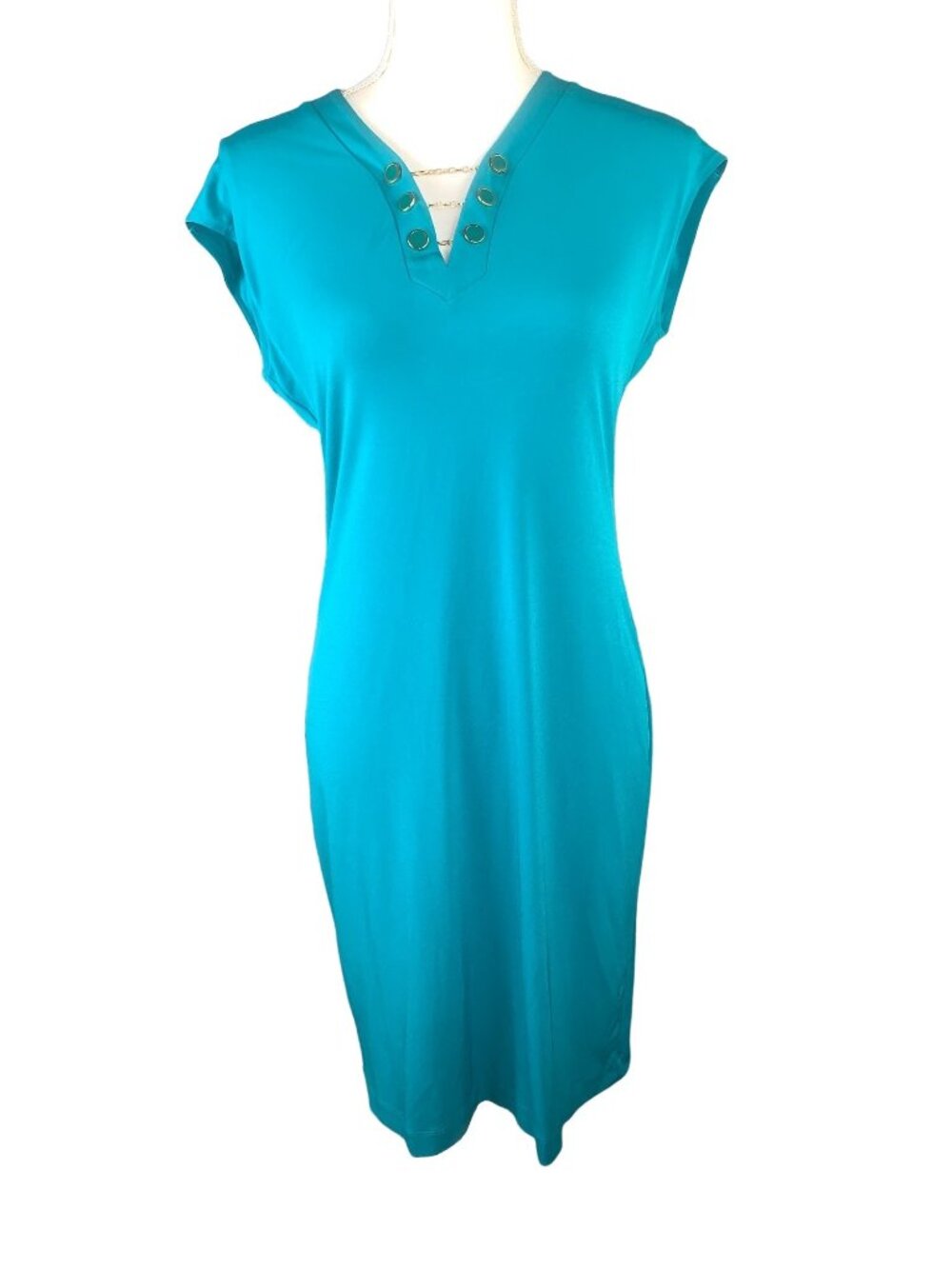 Calvin Klein Womens Teal Sheath Dress With Gold Chain Detail Size 4